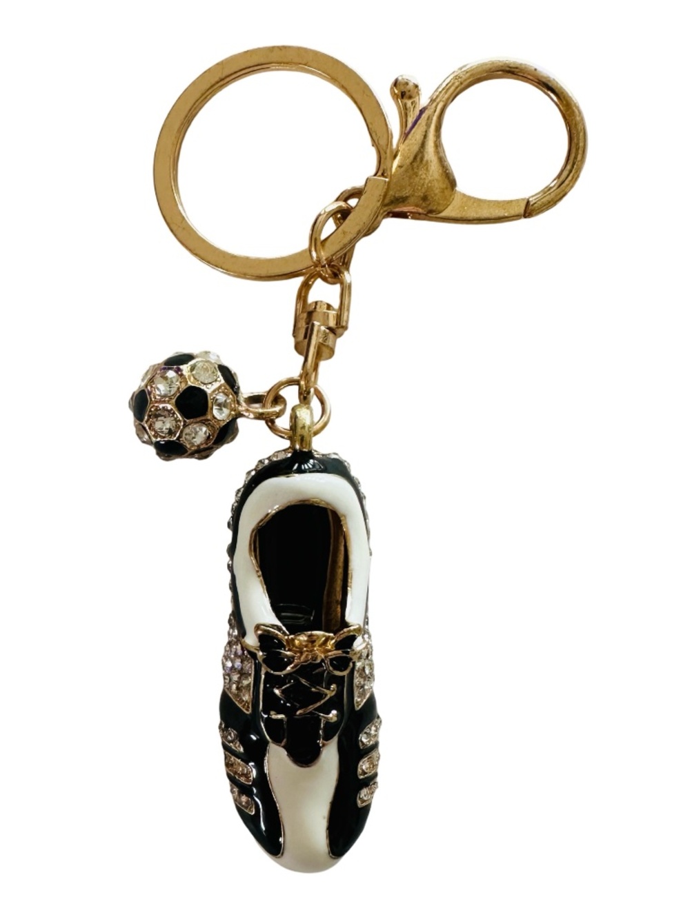 Gold-tone Black White Enameled Jeweled Shoe Ball Keychain Ring Purse Charm 4.5”